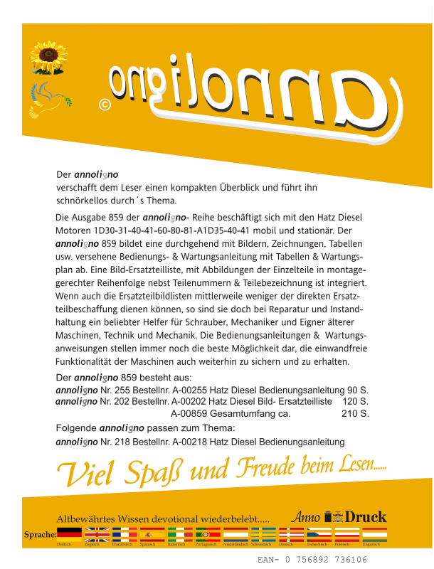 Hatz Diesel Motor Typen 1D30-31-40-41-60-80-81-A1D35-40-41 Bedienungsanleitung & Bild-Ersatzteilliste & Explosionszeichnungen - annoligno 859